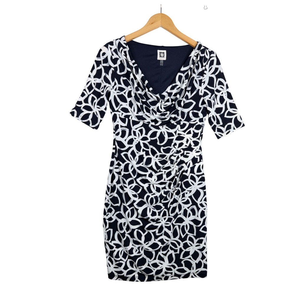 Anne Klein Valentina Printed Sheath V-neck Half Sleeve Dress size 4 Blue/White